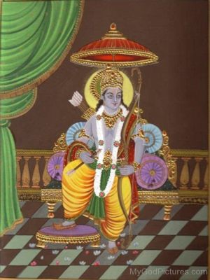 Rama Seated on a Lotus Throne Vibrant Depiction and Exquisite Mughal Detailing!