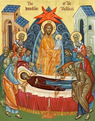 The Dormition of the Theotokos! A Symphony of Gold and Azure Depicting Heavenly Ascent