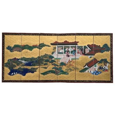 Six Panel Screen Depicting A Scene From The Tale Of Genji With Exquisite Linework and Evocative Color Palette!